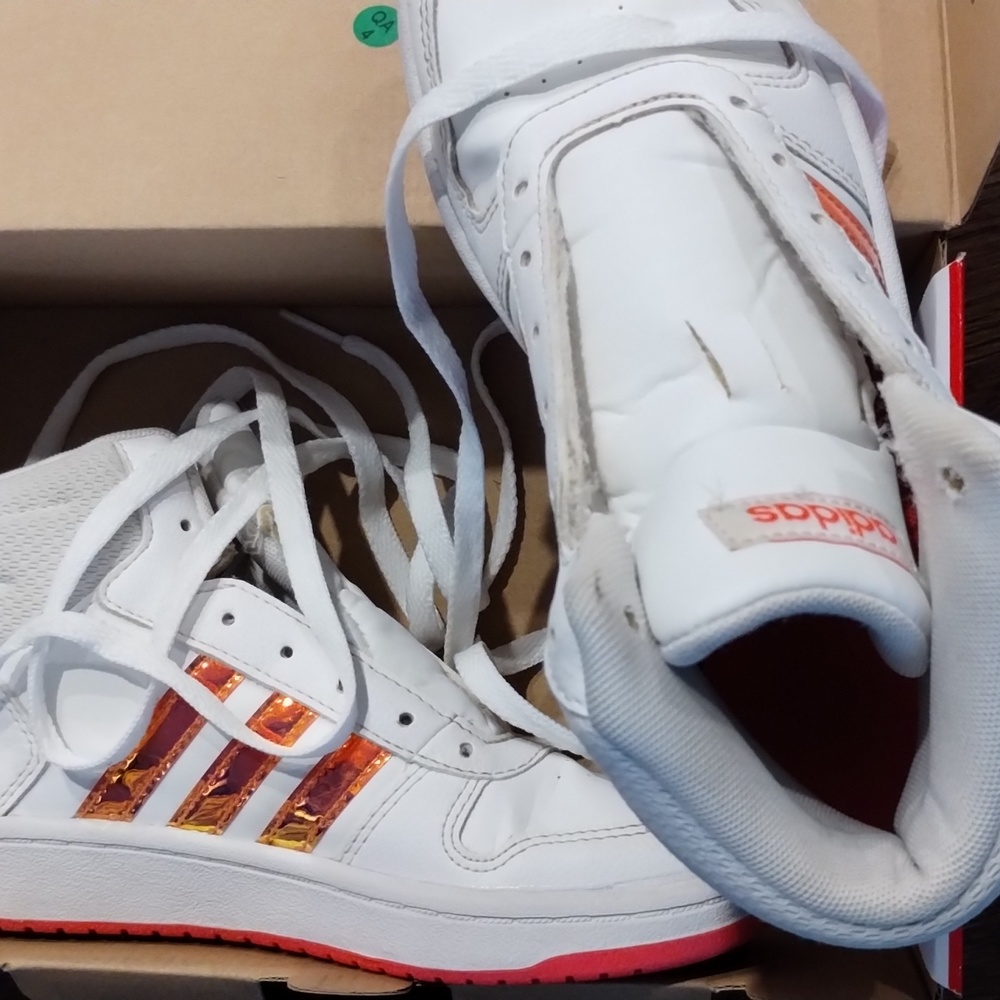 Sz 2 little girls orange/peach iridescent and white Adidas.